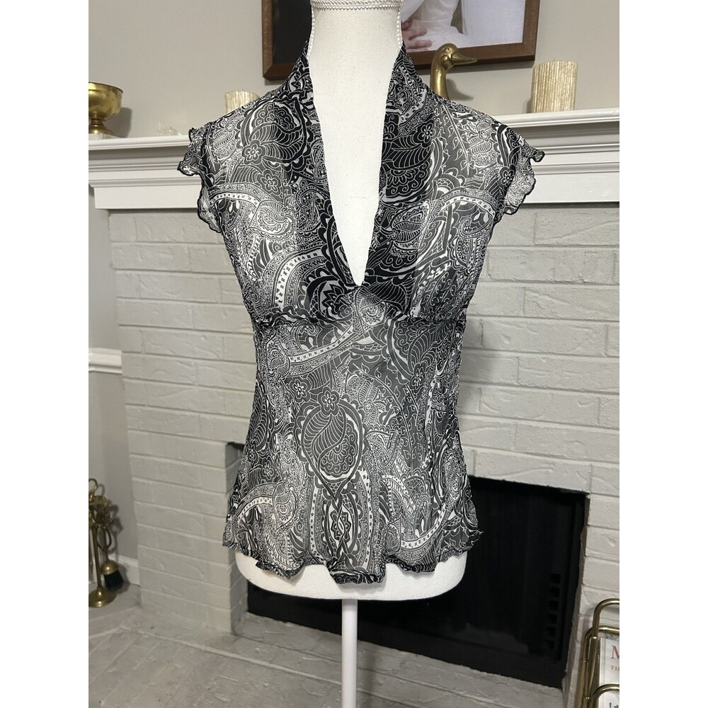 Vtg Y2K Sz S 100% Silk Blouse Sheer Black Floral Fairy Whimsical Whimisgoth